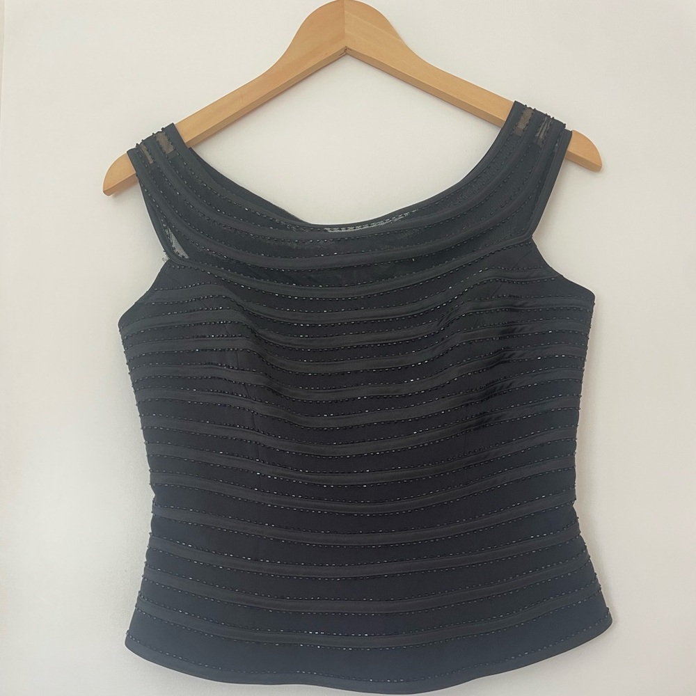 Cache Black Sleeveless Striped Mesh Tank Top